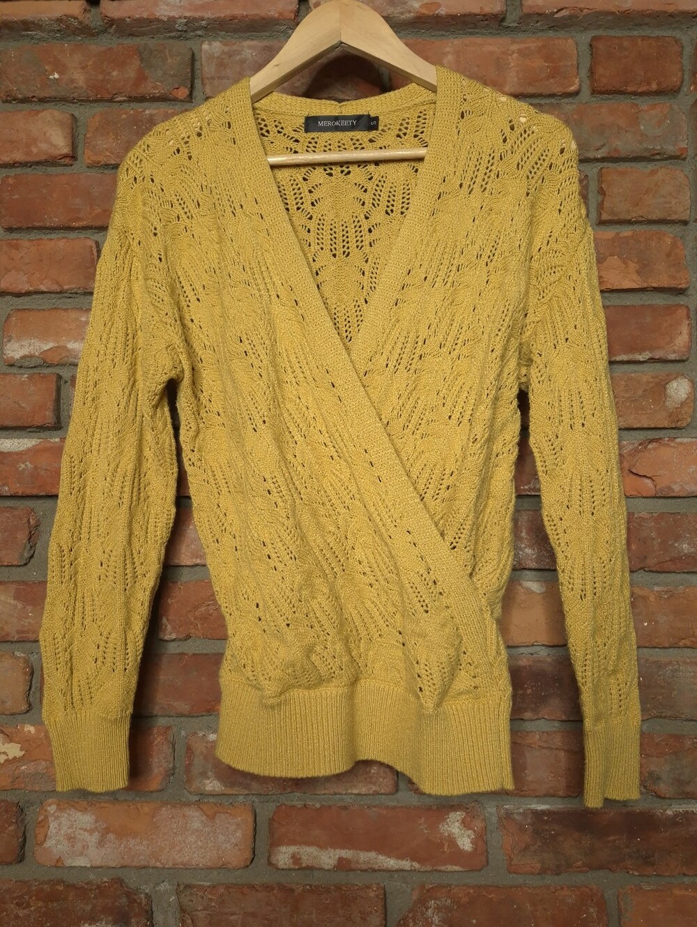 MEROKEETY Mustard Yellow Crochet Openwork Knit Wrap Front V Neck Sweater Small